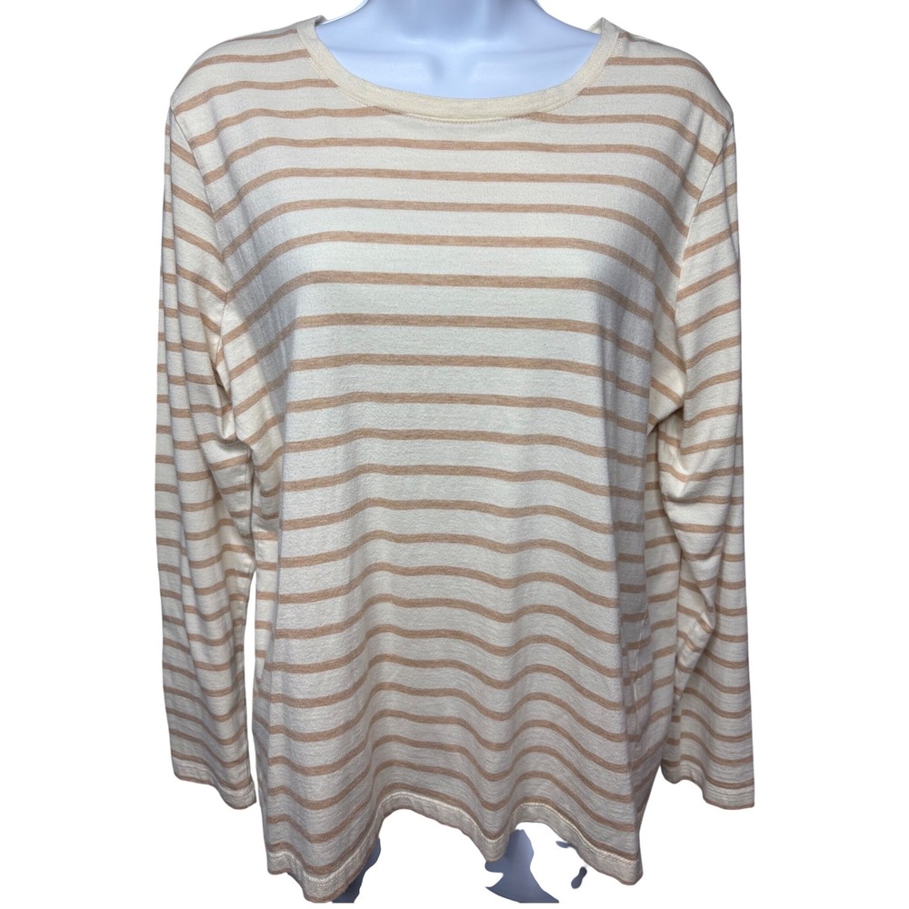 LANDS' END Womens Cream Tan Striped Long Sleeve Tee Sz L Nautical Preppy Casual